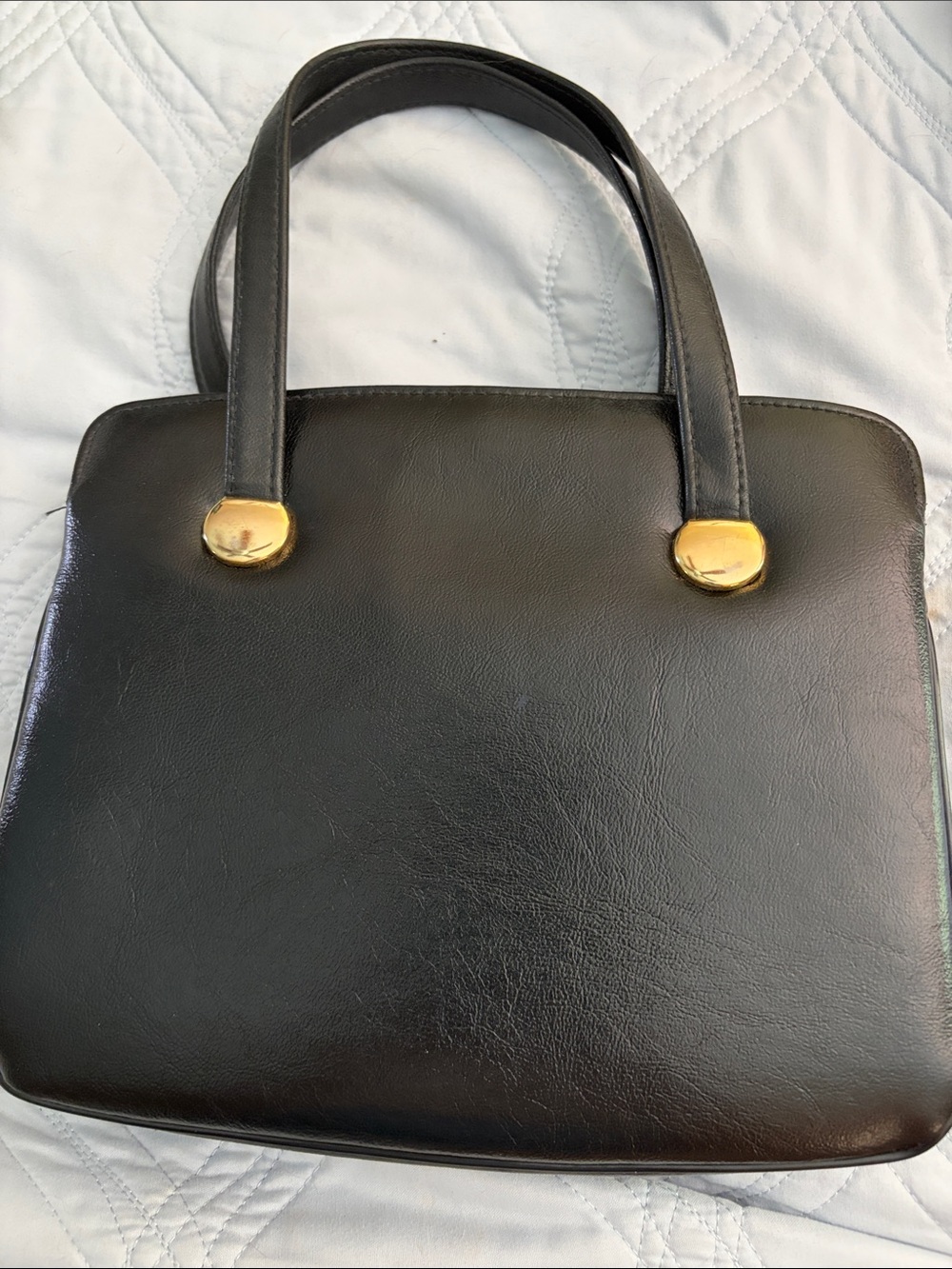 Vintage Kadin Classic Black Leather TopHandle purse pocketbook with Gold Accents